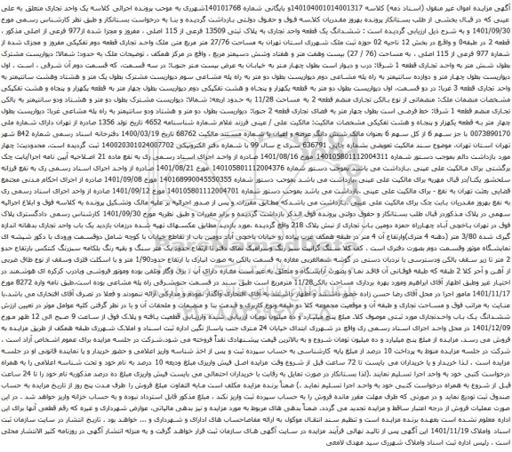 آگهی مزایده ششدانگ یک قطعه واحد تجاری به پلاک ثبتی 13509 فرعی از 115 اصلی ، مفروز و مجزا شده از977 فرعی از اصلی