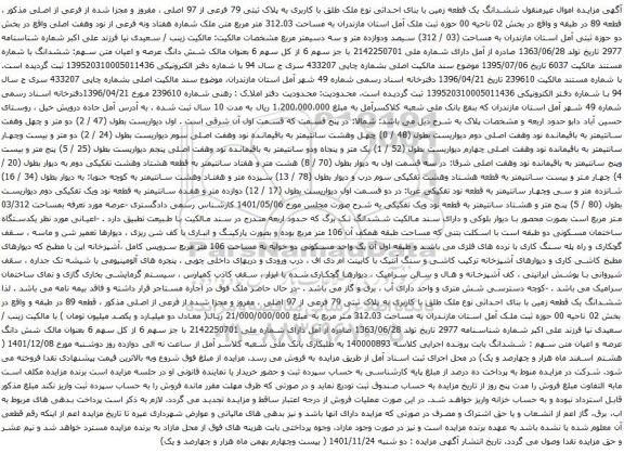 آگهی مزایده ششدانگ یک قطعه زمین با بنای احداثی نوع ملک طلق با کاربری به پلاک ثبتی 79 فرعی از 97 اصلی ، مفروز و مجزا شده از فرعی از اصلی مذکور