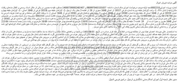 مزایده فروش  ملک پلاک ثبتی به شماره فرعی 19361 از اصلی 5648 مفروز و مجزا شده از    59  قطعه 7 طبقه 6 