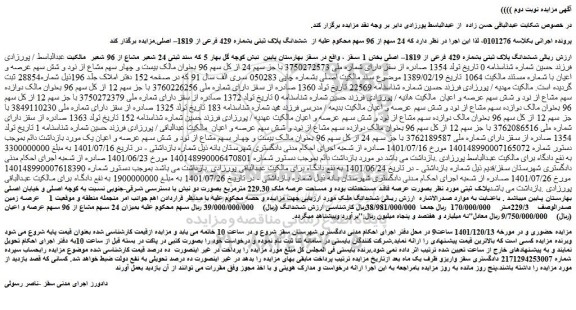 مزایده فروش ششدانگ پلاک ثبتی بشماره 429 فرعی از 1819– اصلی