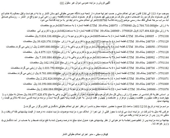 مزایده فروش تعداد13قطعه زمین زراعی آبی و دیم 