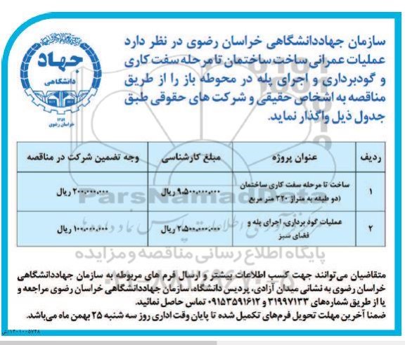 مناقصه عملیات عمرانی ساخت ساختمان تا مرحله سفت کاری