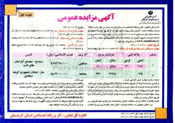 مزایده فروش املاک و مستغلات