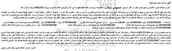 مزایده فروش ملک فاقد سند ثبتی و بصورت قولنامه ای و شش دانگ عرصه و اعیان یک منزل مسکونی