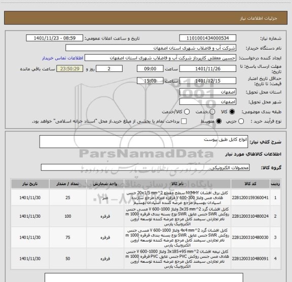 استعلام انواع کابل طبق پیوست
