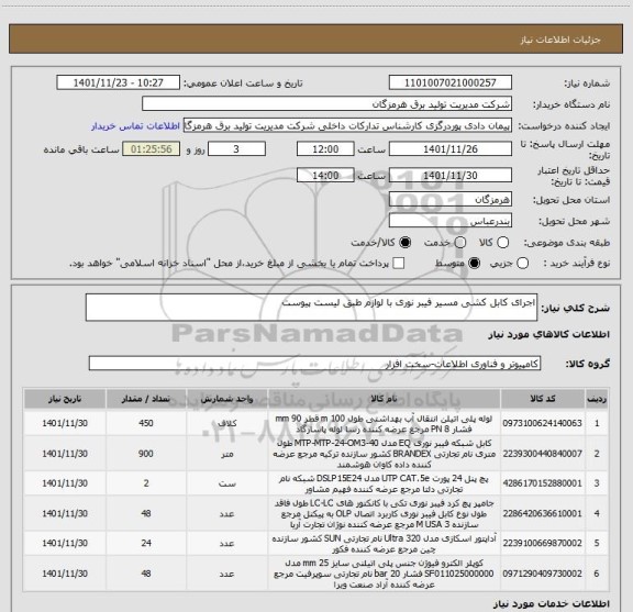 استعلام اجرای کابل کشی مسیر فیبر نوری با لوازم طبق لیست پیوست