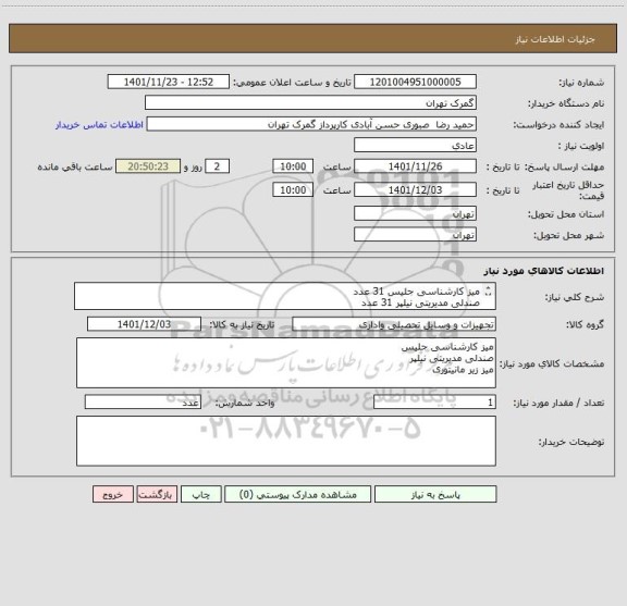 استعلام میز کارشناسی جلیس 31 عدد
صندلی مدیریتی نیلپر 31 عدد
میز زیر مانیتوری 60عدد