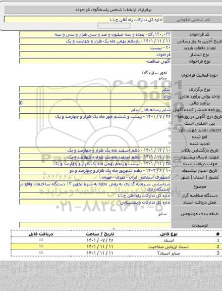 مناقصه, شناسایی سرمایه گذاری به روش اجاره به شرط تجهیز ۱۳ دستگاه ساختمان واقع در ایستگاه رازی