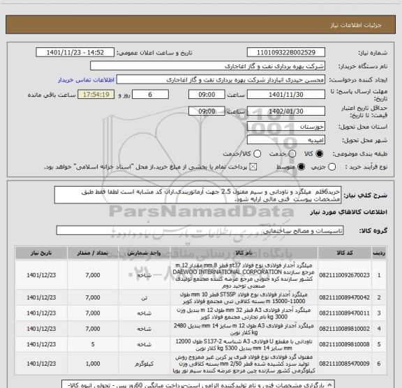 استعلام خرید6قلم  میلگرد و ناودانی و سیم مفتول 2.5 جهت آرماتوربندی.اران کد مشابه است لطفا فقط طبق مشخصات پیوست  فنی مالی ارایه شود.