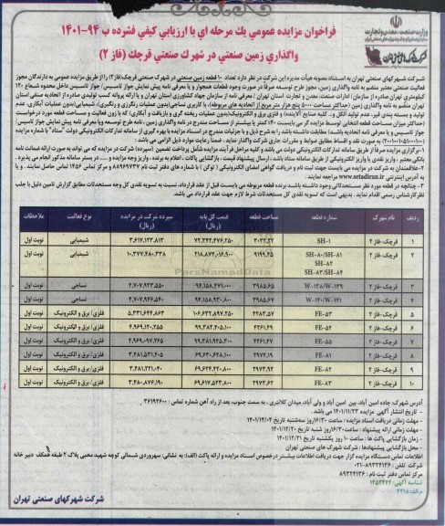 مزایده واگذاری تعداد 10 قطعه زمین صنعتی در شهرک صنعتی 