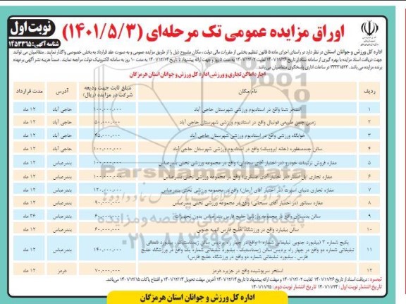مزایده اجاره امکان تجاری و ورزشی