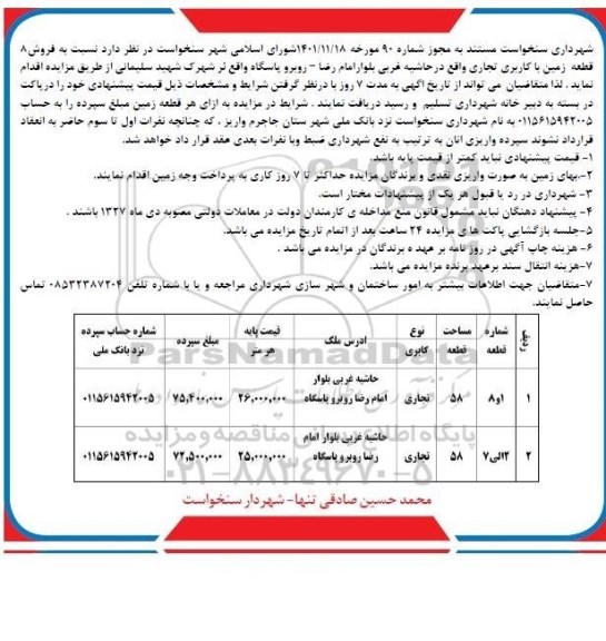 مزایده فروش 8 قطعه زمین با کاربری تجاری