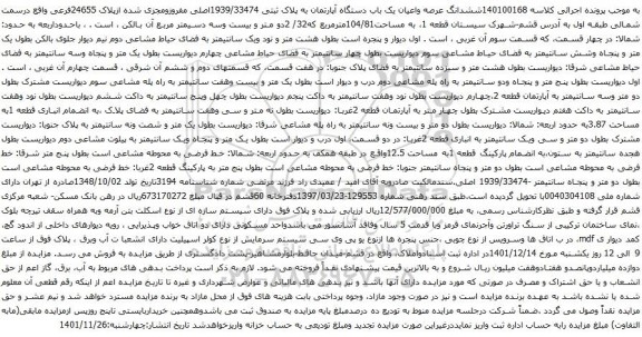 آگهی مزایده ششدانگ عرصه واعیان یک باب دستگاه آپارتمان به پلاک ثبتی 1939/33474اصلی مفروزومجزی شده ازپلاک 24655فرعی