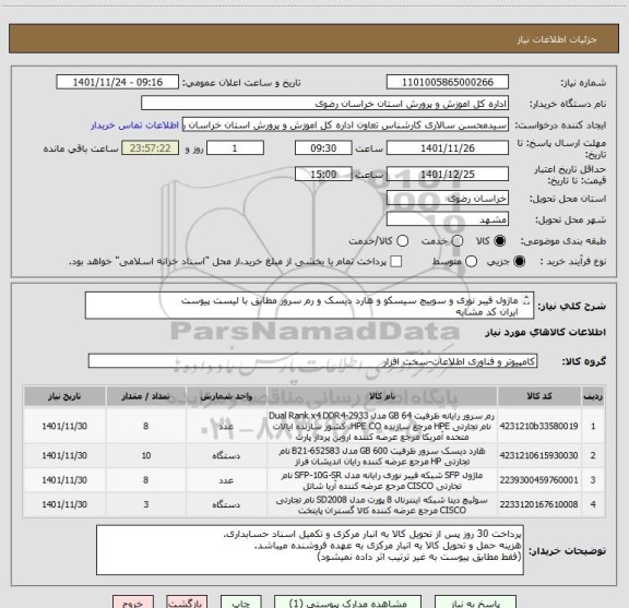 استعلام ماژول فیبر نوری و سوییچ سیسکو و هارد دیسک و رم سرور مطابق با لیست پیوست
ایران کد مشابه
(فقط مطابق پیوست به غیر ترتیب اثر داده نمیشود)