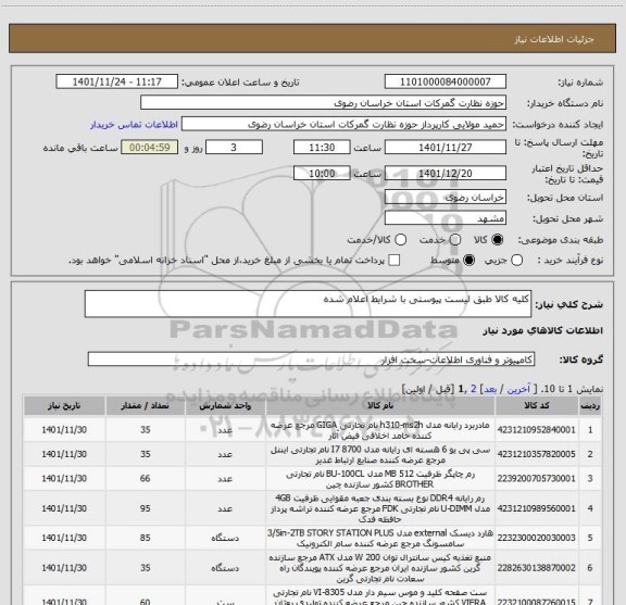 استعلام کلیه کالا طبق لیست پیوستی با شرایط اعلام شده