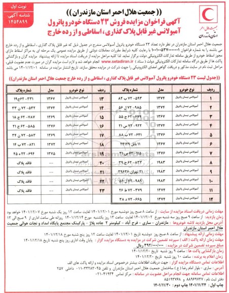 مزایده فروش 23 دستگاه خودرو پاترول امبولانس غیر قابل پلاک گذاری اسقاطی و از رده خارج