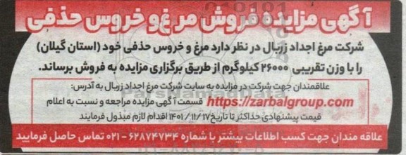  مزایده فروش مرغ و خروس حذفی