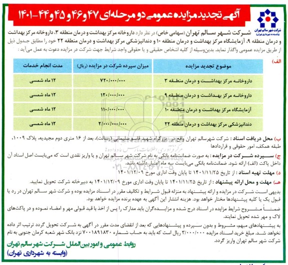 تجدید مزایده داروخانه و ازمایشگاه و دندانپزشکی مرکز بهداشت 
