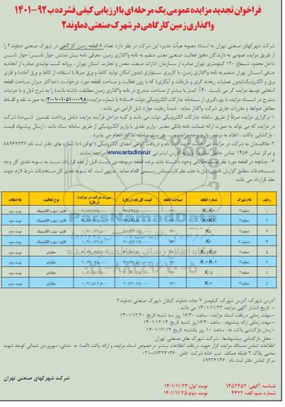 فراخوان تجدید مزایده واگذاری 8 قطعه زمین کارگاهی ...