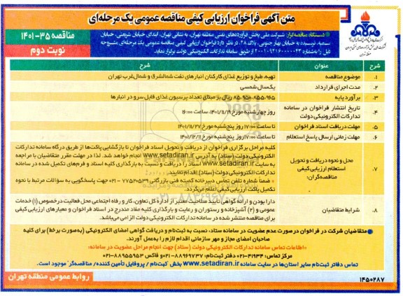 مناقصه تهیه، طبخ و توزیع غذای کارکنان انبارهای نفت شمالشرق و شمال غرب  ـ نوبت دوم