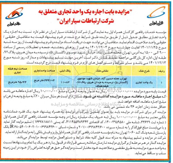 مزایده بابت اجاره یک واحد تجاری 