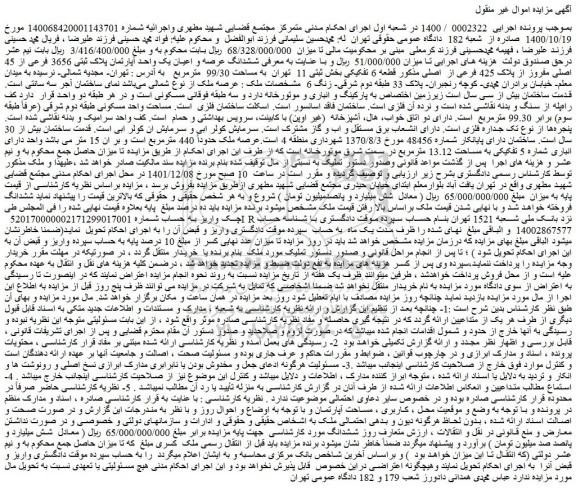 مزایده فروش ششدانگ عرصه و اعیان یک واحد آپارتمان پلاک ثبتی 3656 فرعی از 45 اصلی مفروز از پلاک 425 فرعی از اصلی
