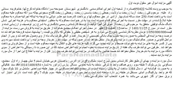 مزایده فروش  شش دانگ ملک 