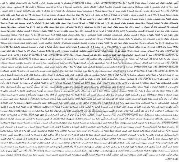 آگهی مزایده ششدانگ یک قطعه واحد تجاری به پلاک ثبتی 13509 فرعی از 115 اصلی