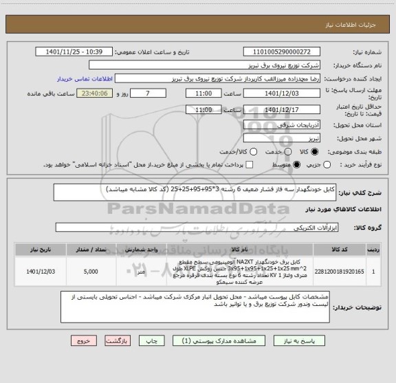 استعلام کابل خودنگهدار سه فاز فشار ضعیف 6 رشته 3*95+95+25+25 (کد کالا مشابه میباشد)