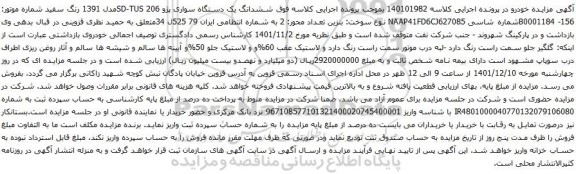 آگهی مزایده ششدانگ یک دستگاه سواری پژو SD-TUS 206مدل 1391
