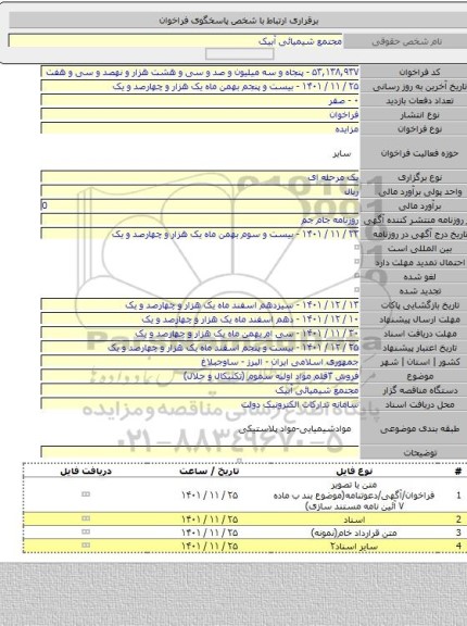 مزایده, فروش ۳قلم مواد اولیه سموم (تکنیکال و حلال)