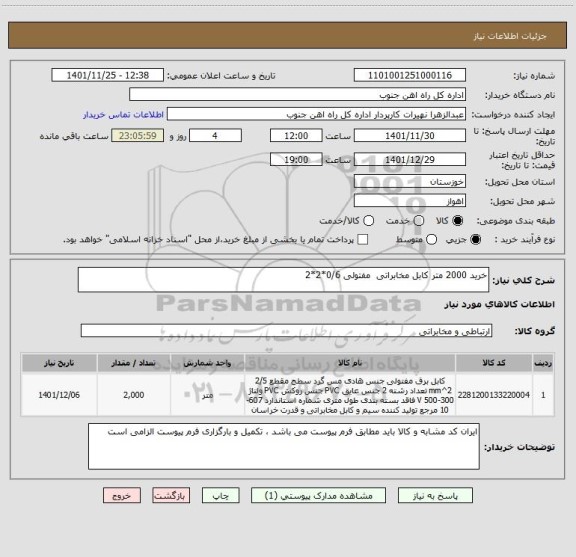 استعلام خرید 2000 متر کابل مخابراتی مفتولی 0/6*2*2