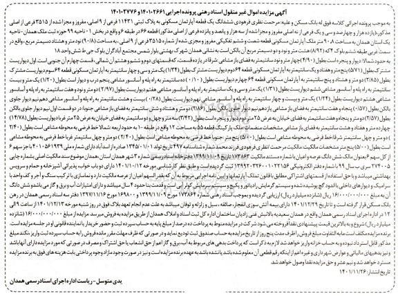 آگهی مزایده ششدانگ یک قطعه آپارتمان مسکونی به پلاک ثبتی 11431 فرعی از 9 اصلی