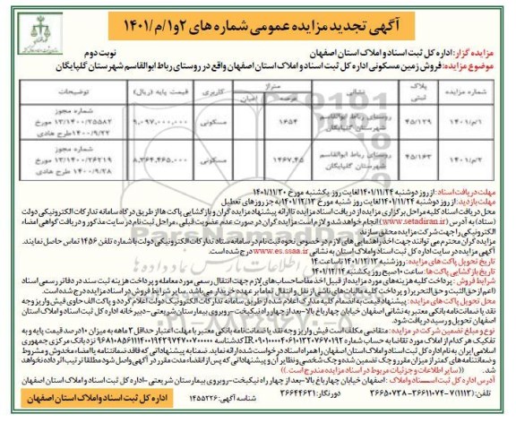 مزایده فروش زمین مسکونی تجدید نوبت دوم