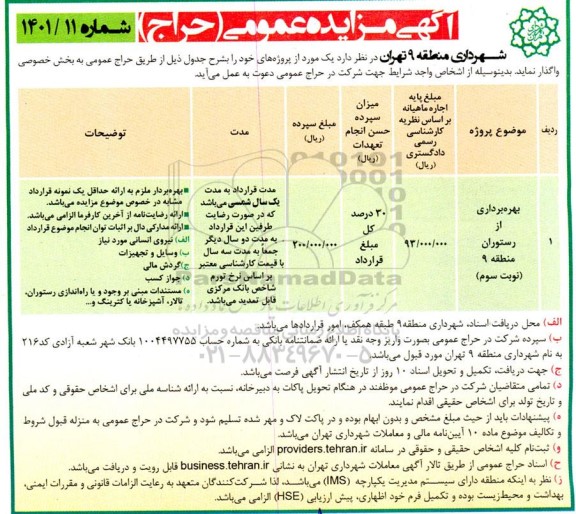 مزایده بهره برداری از رستوارن