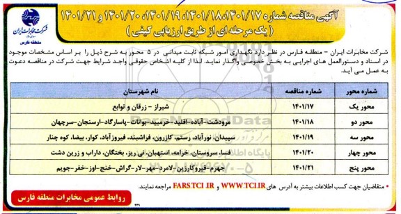 مناقصه نگهداری امور شبکه ثابت میدانی در 5 محور 