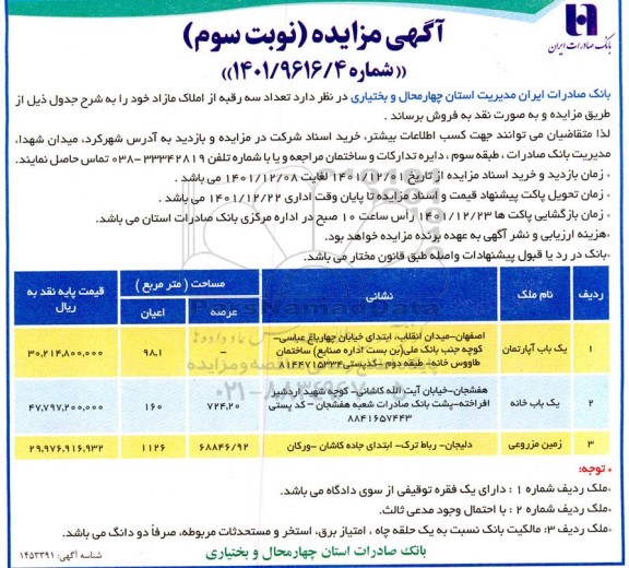مزایده فروش تعداد سه رقبه از املاک مازاد - نوبت سوم