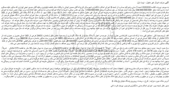 مزایده فروش 81/3 سهم از 100 سهم 5 دانگ از 6 دانگ پلاک ثبتی 24431 فرعی از 163 اصلی