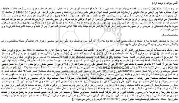 مزایده فروش شش دانگ یک دستگاه آپارتمان مسکونی