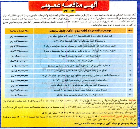مناقصه کلیه عملیات خاکبرداری ترانشه.... نوبت دوم 