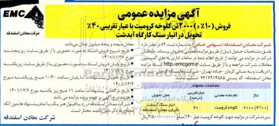 مزایده فروش (%10±) 2000 تن کلوخه کرومیت با عیار تقریبی 40%