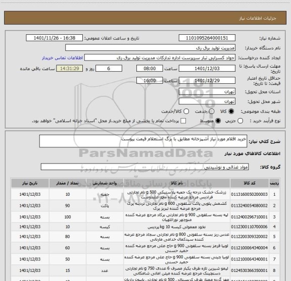 استعلام خرید اقلام مورد نیاز آشپزخانه مطابق با برگ استعلام قیمت پیوست