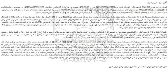 مزایده فروش دو دانگ مشاع از ششدانگ عرصه و اعیان یکباب واحد مسکونی 