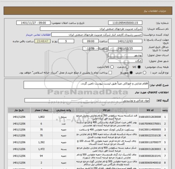 استعلام اقلام غذایی و خوراکی عیناً طبق لیست پیوست تامین گردد.