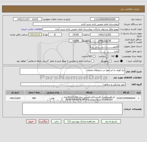 استعلام نیاز فوری به لنز هویا در سایزهای مختلف