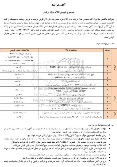 مزایده فروش اقلام مازاد بر نیاز