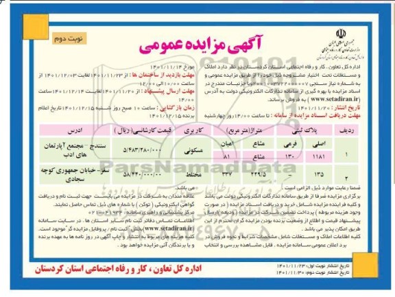 مزایده فروش املاک و مستغلات - نوبت دوم 