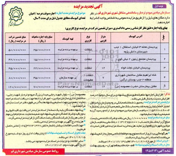 تجدید مزایده اجاره موقت عرصه / اعیان تعدادی کیوسک