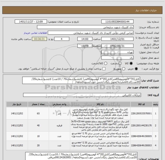 استعلام کابل(70*4آلومینیوم65متر)کابل(35*4 آلومینیوم40متر) کابلشو(شماره70 / 10عدد) کابلشو(شماره35/ 20عدد)کدکالامشابه/تحویل رایگان/جنس خوب/تسویه2ماهه/