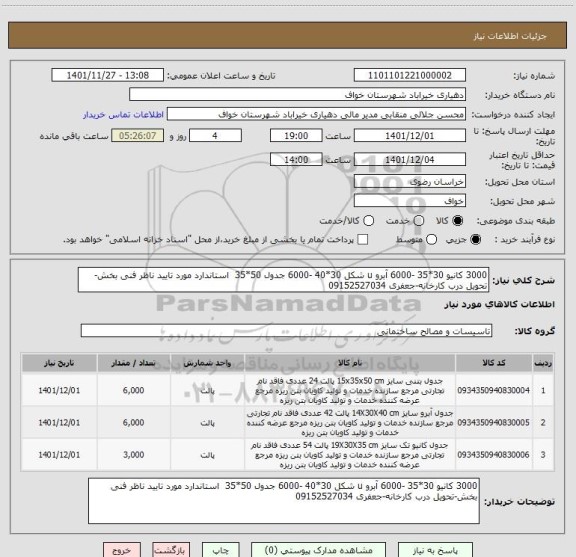 استعلام 3000 کانیو 30*35 -6000 آبرو u شکل 30*40 -6000 جدول 50*35  استاندارد مورد تایید ناظر فنی بخش-تحویل درب کارخانه-جعفری 09152527034